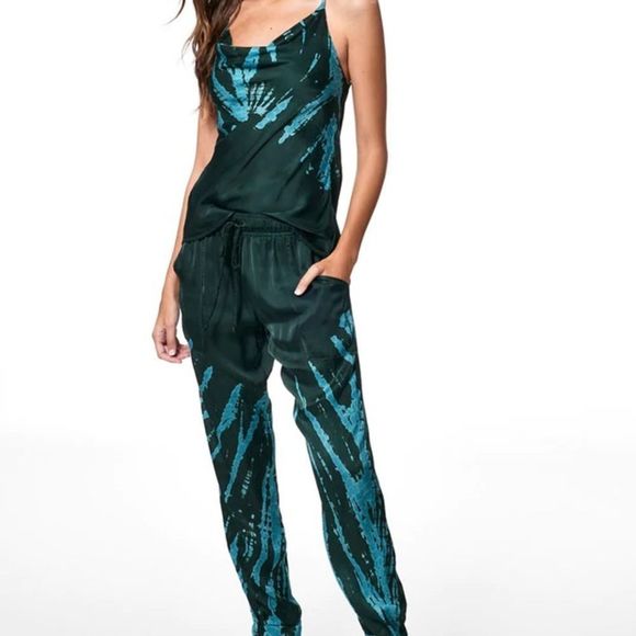 Young Fabulous & Broke Taylor Silky Emerald Tie Dye Satin Joggers - Picture 1 of 5